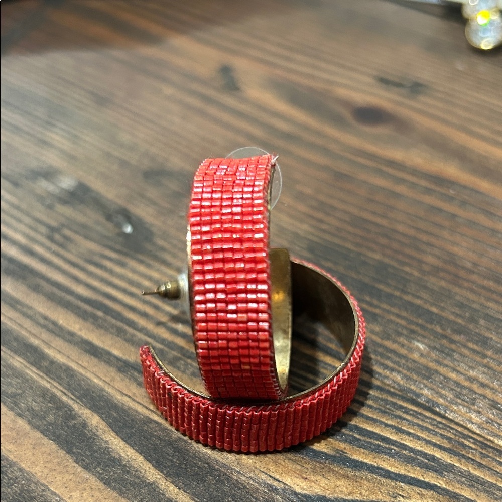 Red Beaded Hoop Earrings - Women Accessories